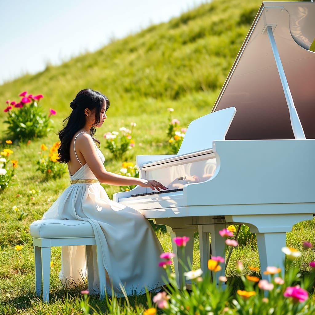 Elegant Woman Plays Piano on a Lush Summer Hillside