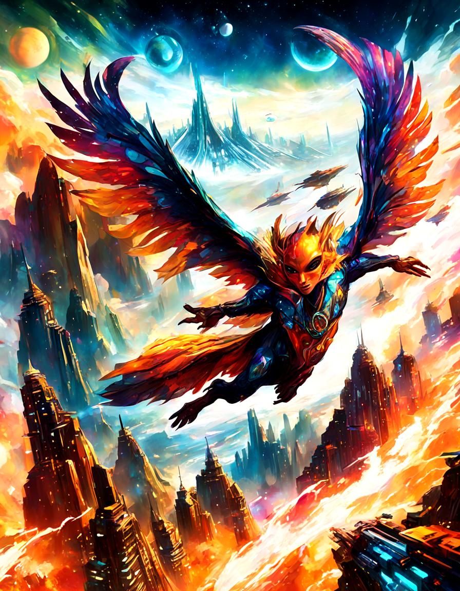 Flying Alien in Futuristic Space Metropolis