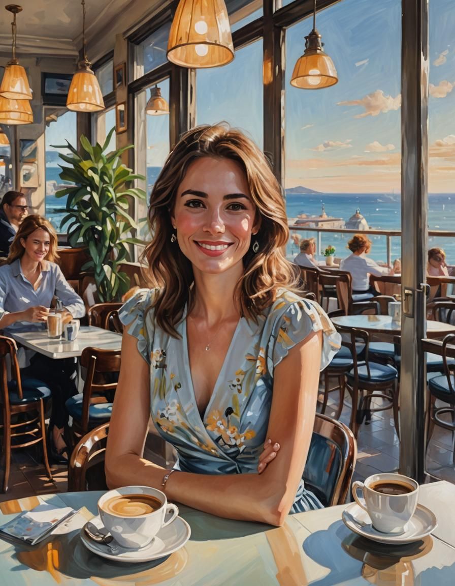 Oil Painting of a Beautiful Girl in Cafe