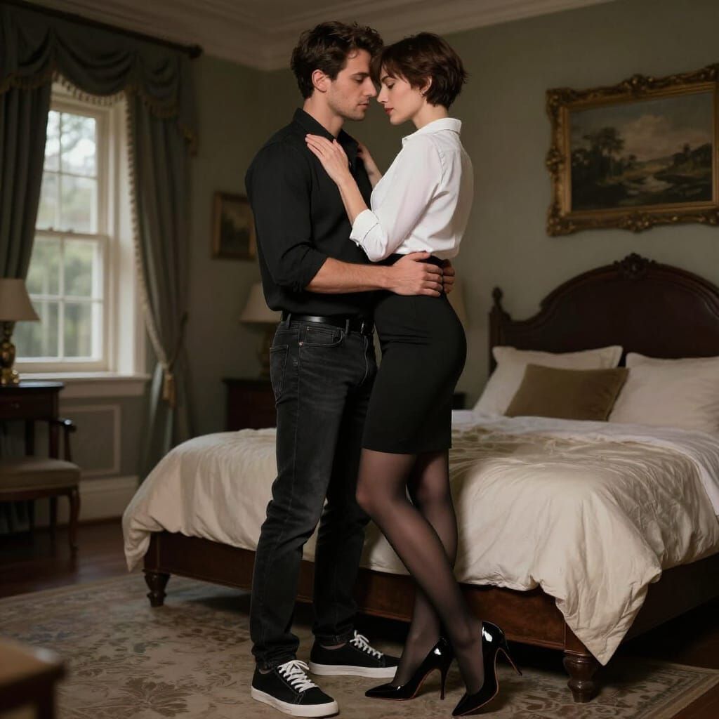 Couple Embracing in Ancient Mansion Bedroom