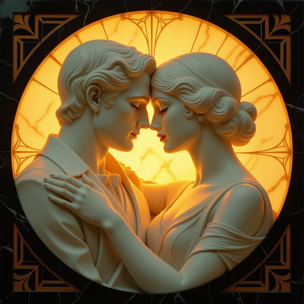 Art Deco Lovers Carved in Marble with Golden Light