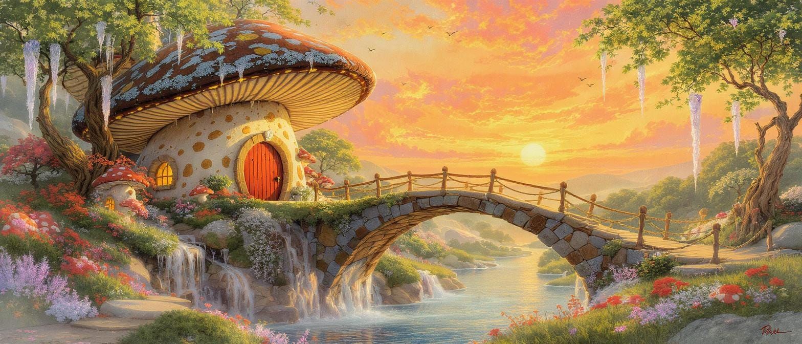 Magical Forest Path to Mushroom House Painting