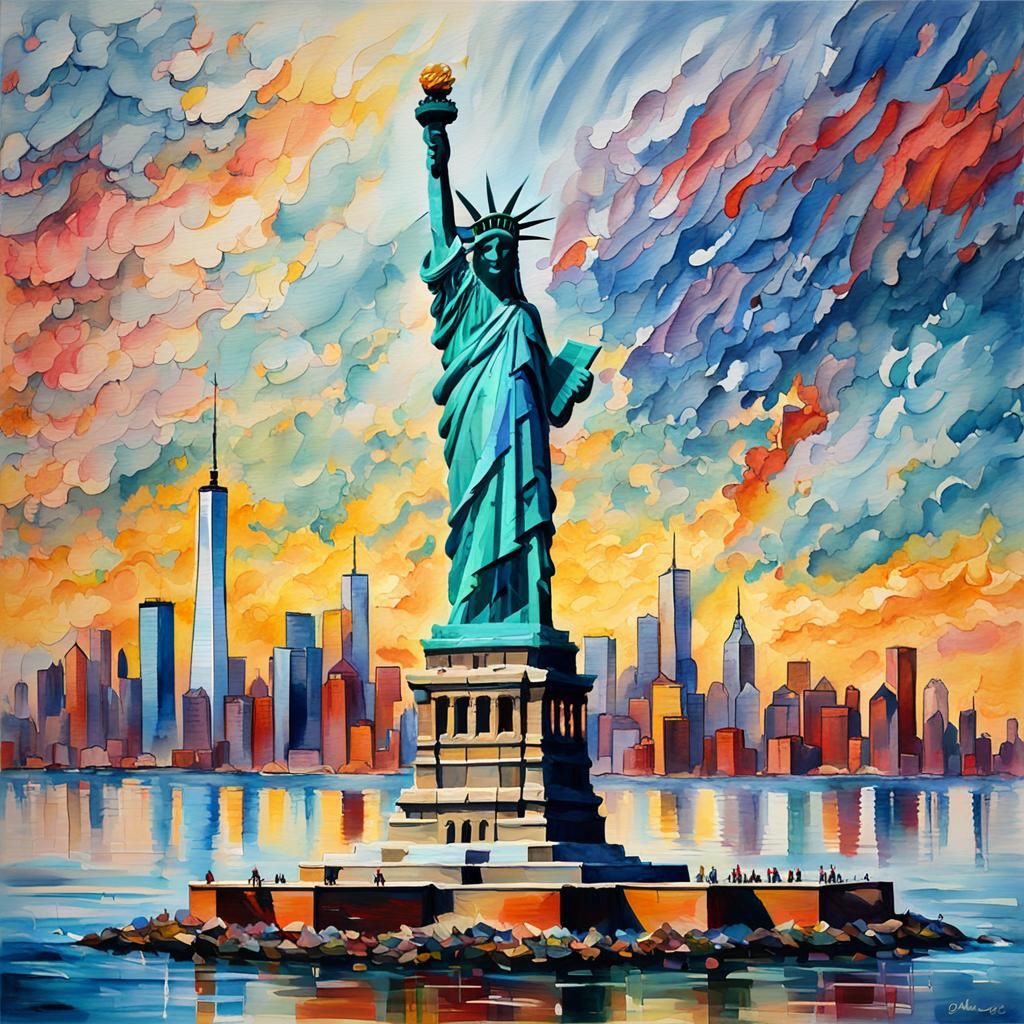 Statue of Liberty and World Trade Center as Gouache Painting