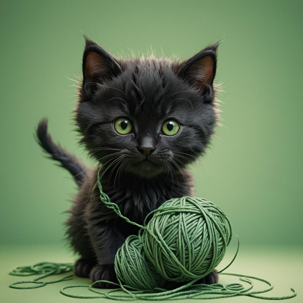 Fluffy Black Kitten with Yarn Ball: 3D Digital Art