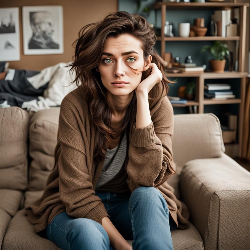 Bored Girl with Shaved Head in Neon Lit Apartment