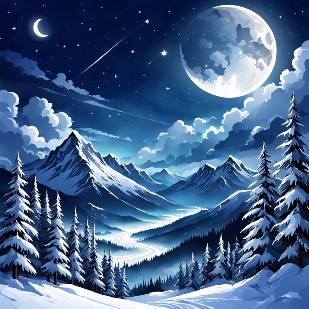 Luminous Winter Night Sky with Half-Moon and Stars