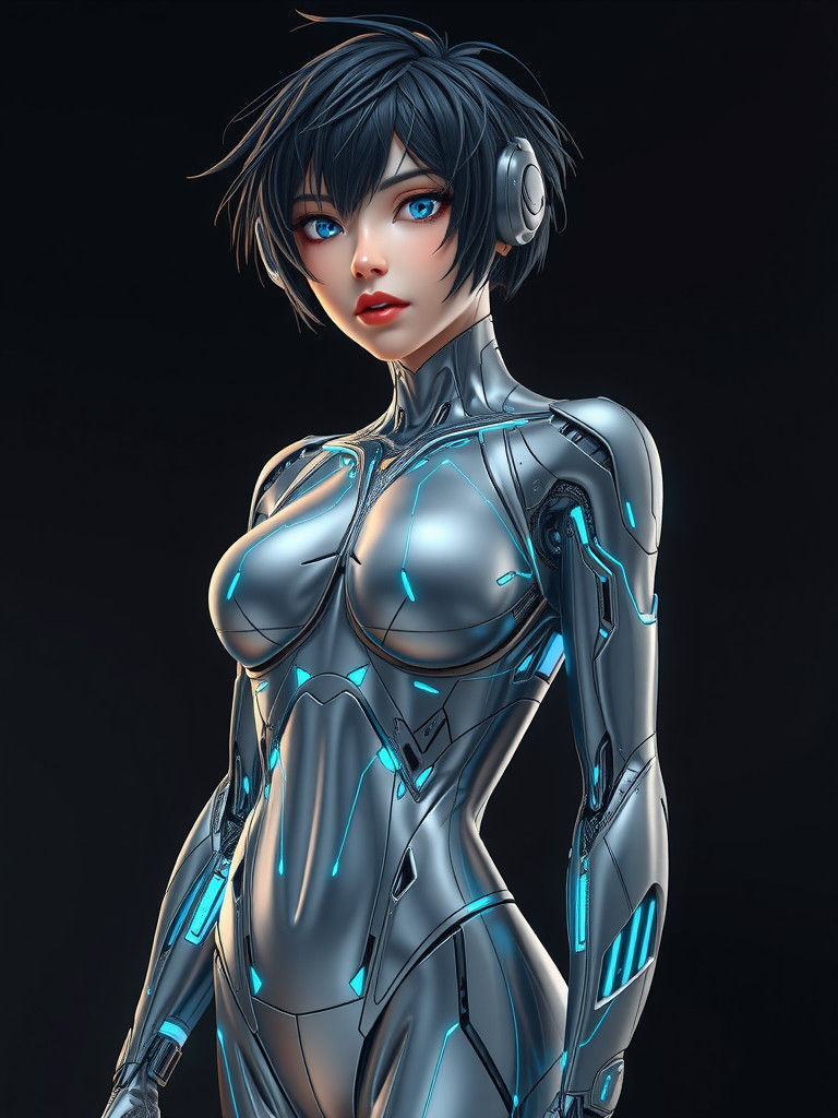 Sleek Chrome Cyborg with Glowing Blue Circuits