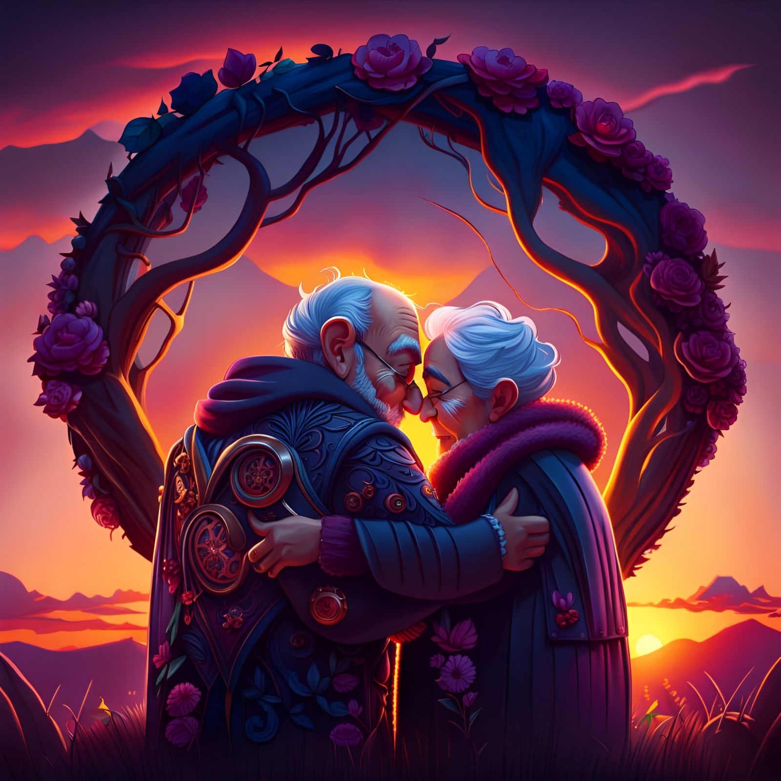 Elderly Couple's Sunset Embrace: Hyperdetailed Art