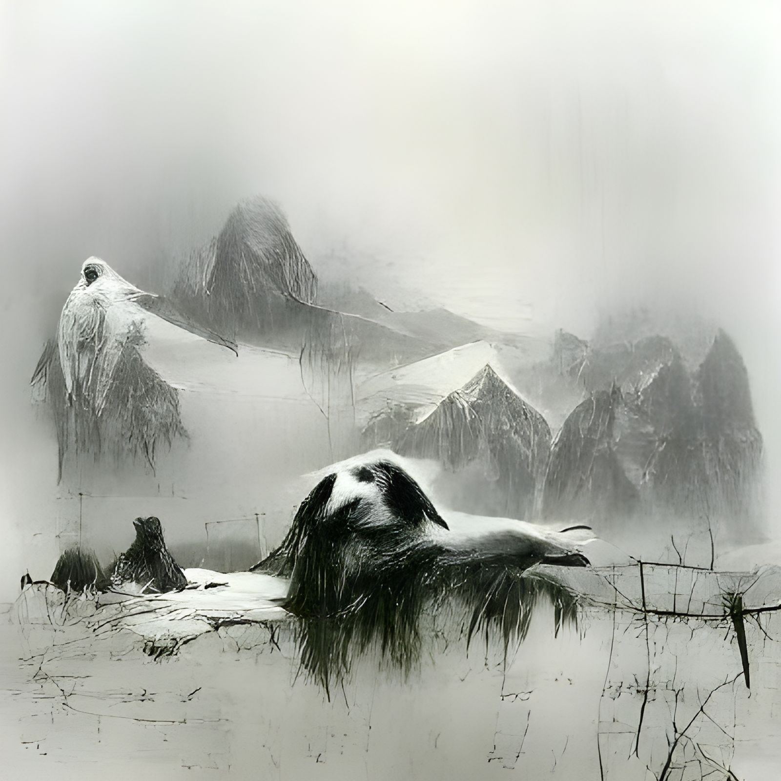 Depressed Mood on Foggy Mountain in Alan Lee Style