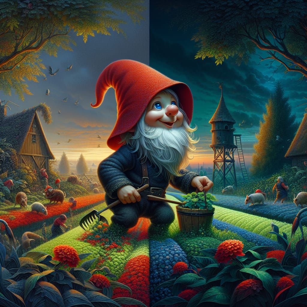 Gnome Gardener in Dark Fantasy Farmland, 3D Render