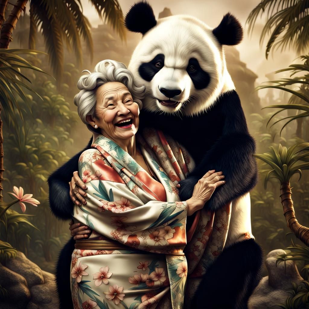 Woman and Panda Bear in Vintage Photograph