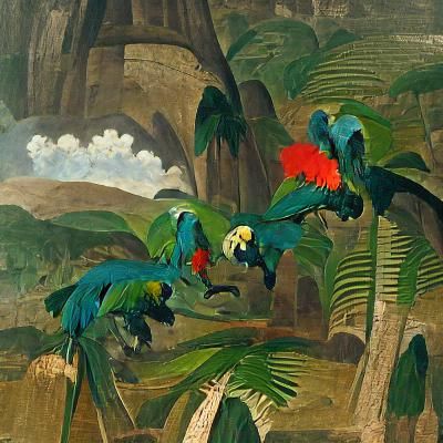 Macaws Clash in Rousseau-Inspired Jungle Scene