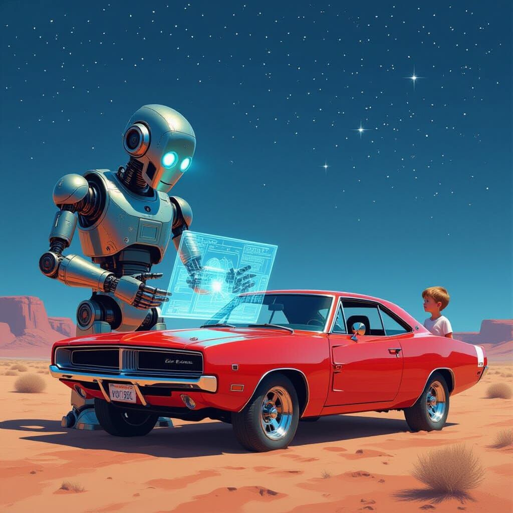 Robot Shares Holographic Muscle Car With Child