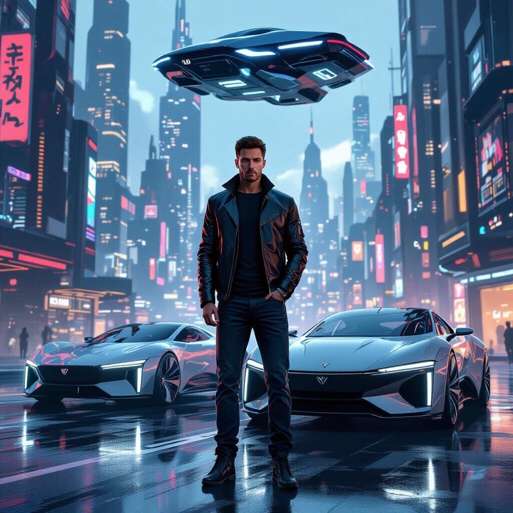 Futuristic Man in Metropolis with Flying Car, in Concept Art...