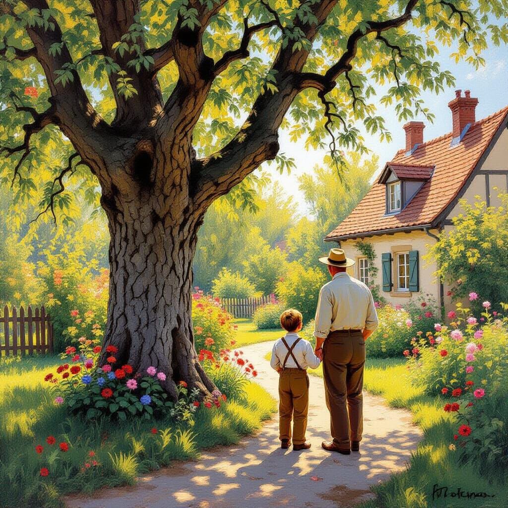 Generations Gather by Ancient Tree: Impressionistic Garden S...