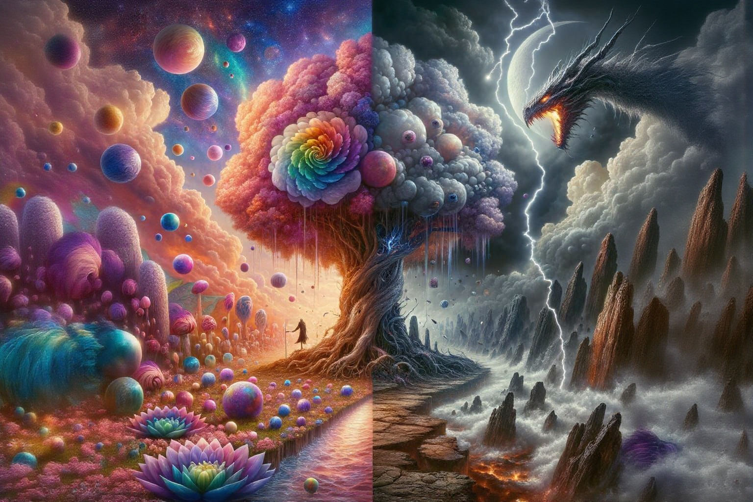 Contrasting Worlds: Whimsical Watchman and Menacing Dragon