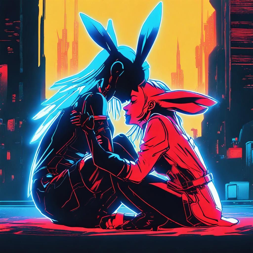 Angel and Devil Bunnies Hugging in Neon Cyberpunk