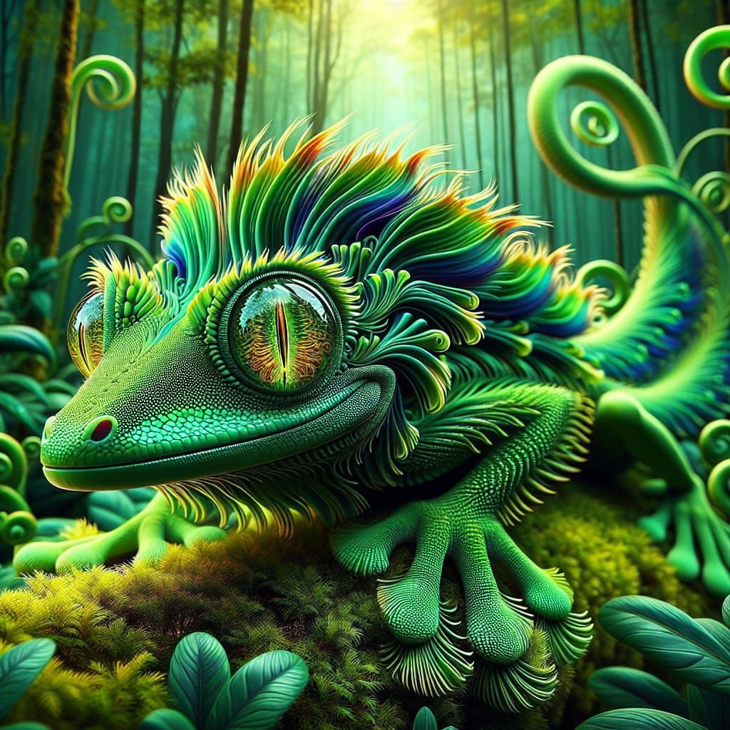 Iridescent Emerald Gecko in Rainforest Habitat