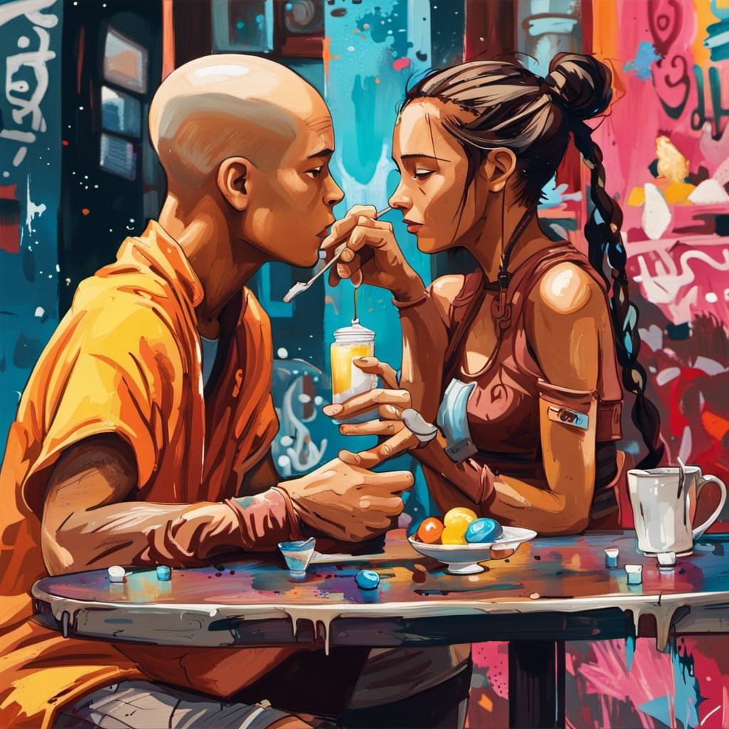 Romantic Cafe Scene: Aang and Katara in Graffiti Art