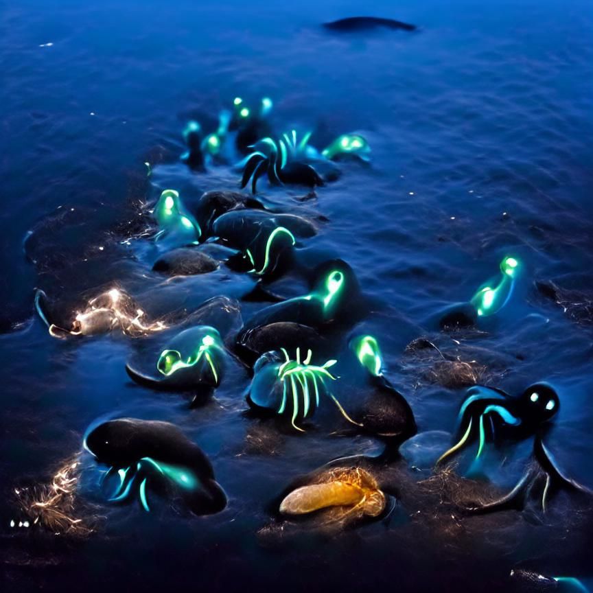 Bioluminescent Sea Creatures at Ocean Bottom
