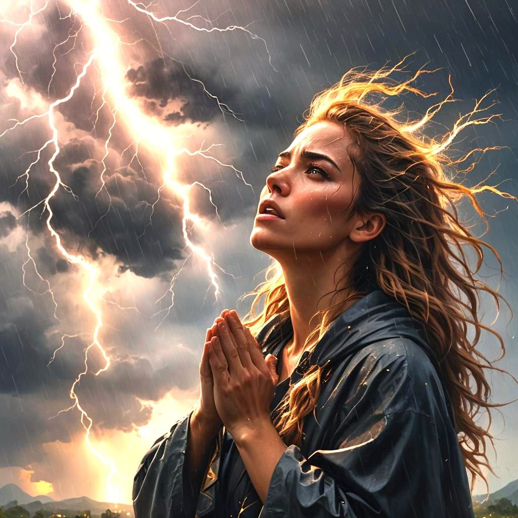 Woman Praying During Thunderstorm: Ultra-Realistic Image