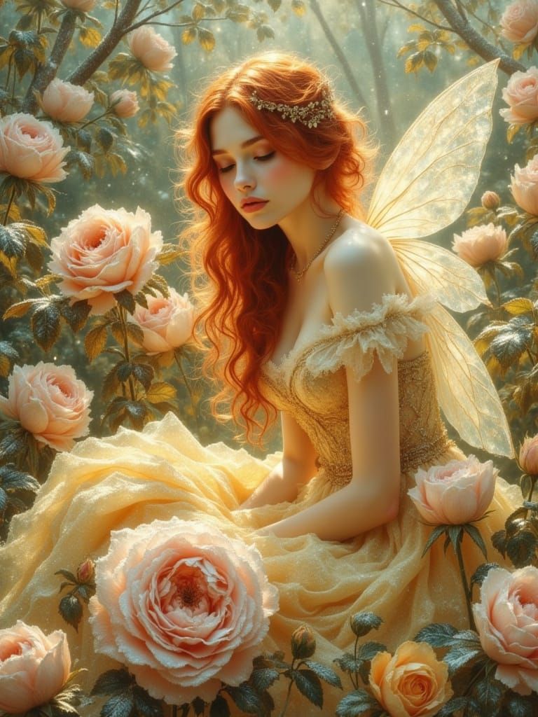 Enchanted Fairy in Frosty Rocco Gown, Oil Painting Style