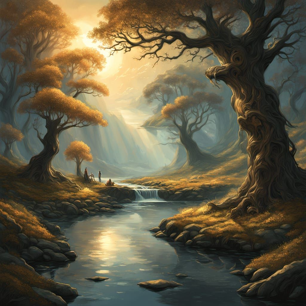 Ethereal Fantasy Night with Glowing Trees and Mythical Creat...