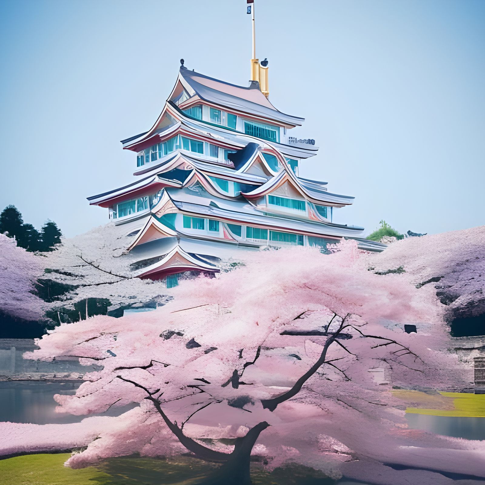 Psychedelic Cherry Blossom Castle in Oriental Art Style