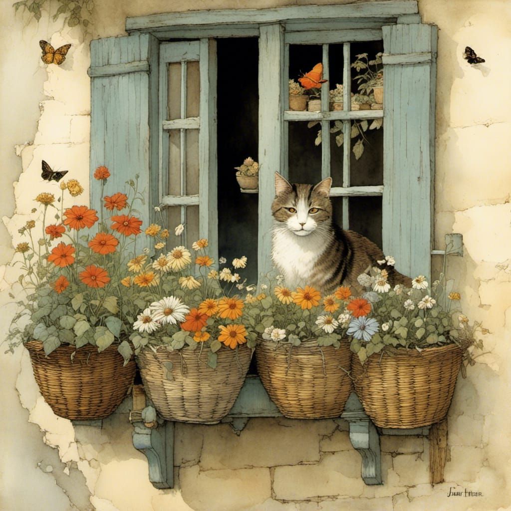 Blooming Balcony Scene with Cat and Wildlife