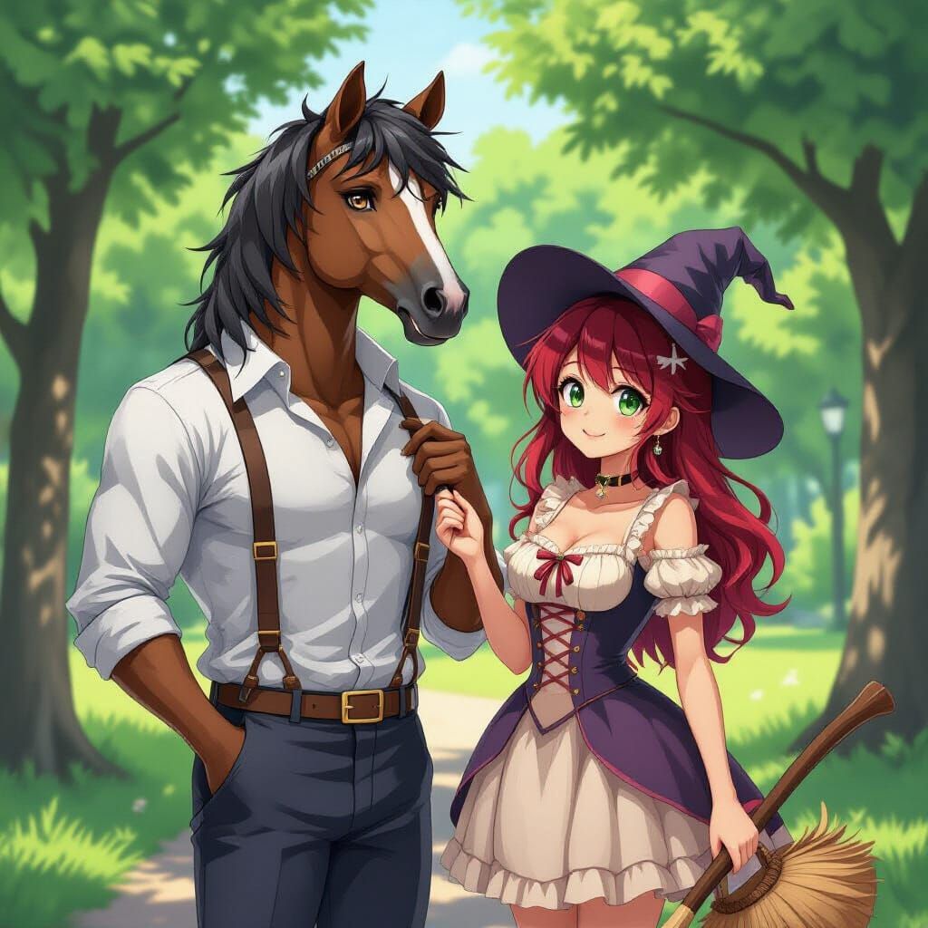 Horse-Headed Man in Park, Anime Style