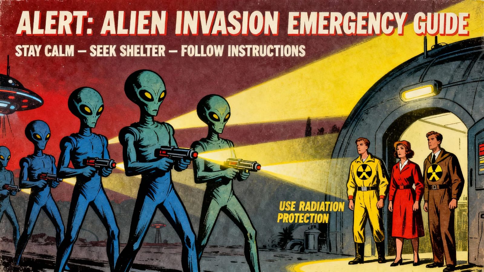 1950s Alien Invasion Emergency Guide Illustration