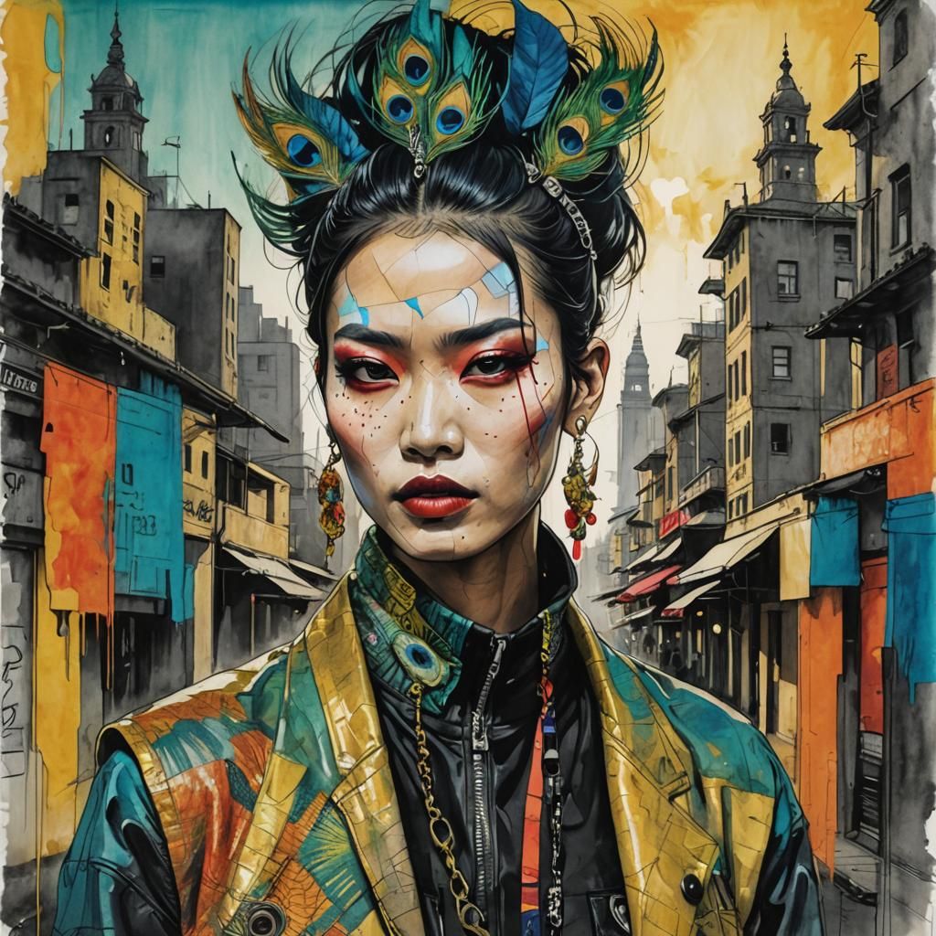 Peacock Fashion Model in Cityscape, Fauvism Style