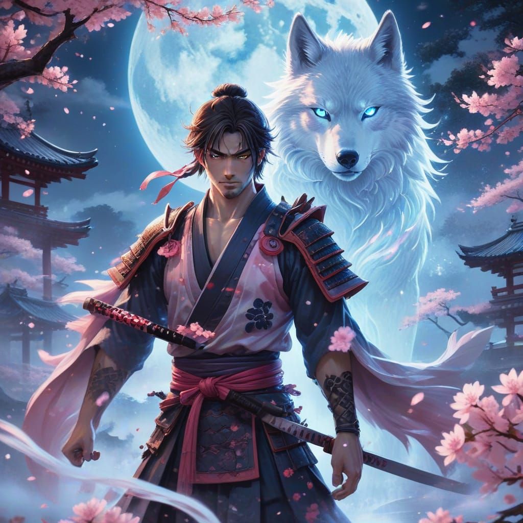 Samurai and Spirit Wolf in Anime Style
