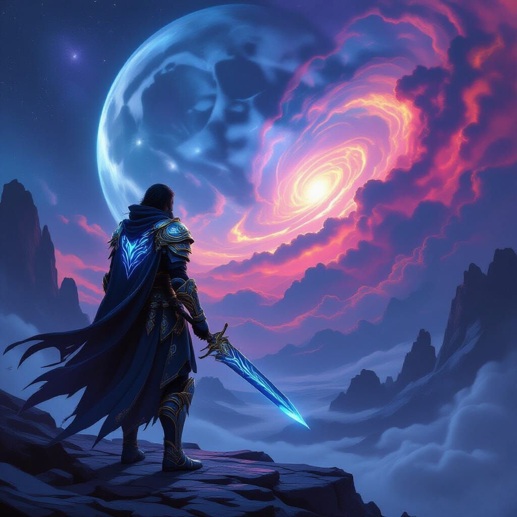 Warrior on Fractured Moon Gazing at Nebula