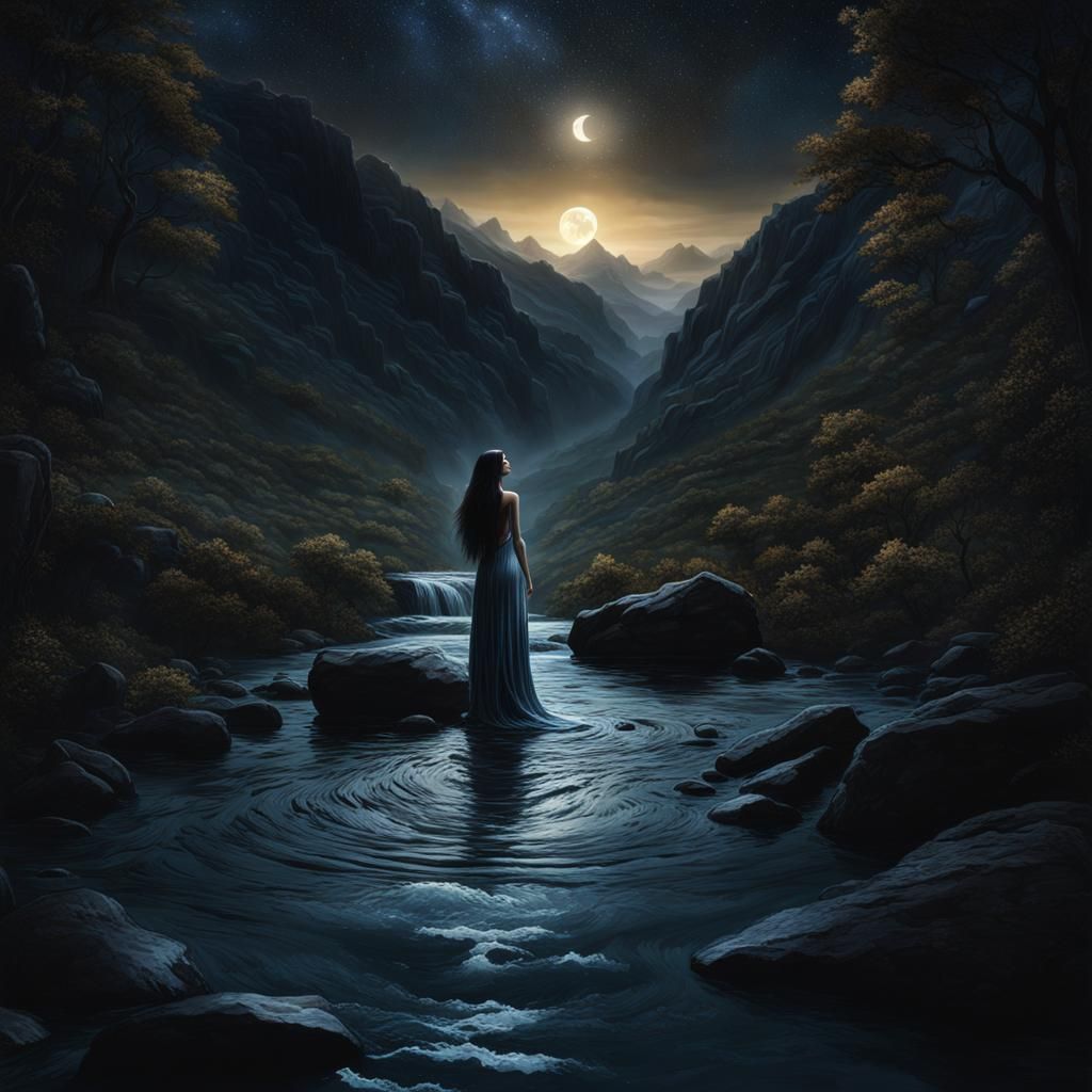 Woman Submerged in Mountain Stream Under Moonlight