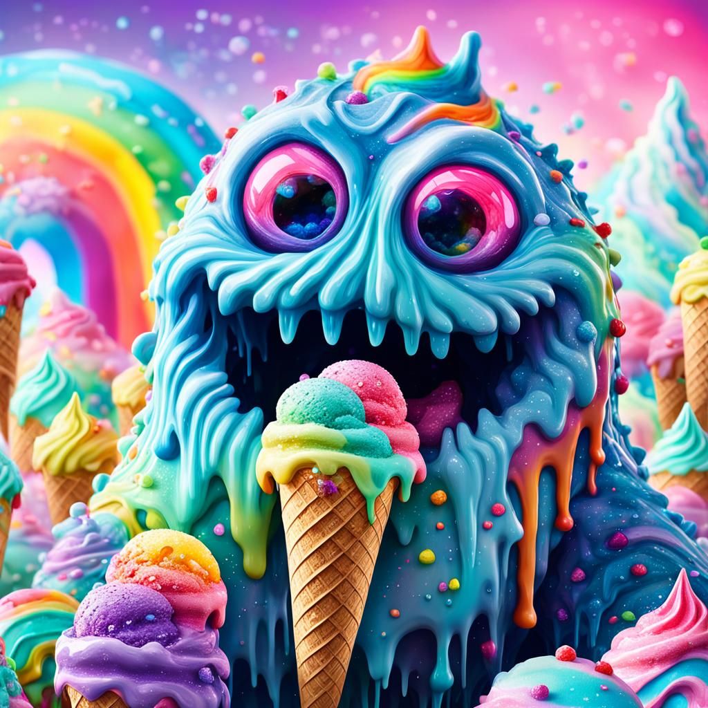 Shaggy Ice Cream Monster in Candy Land: Surreal Digital Art