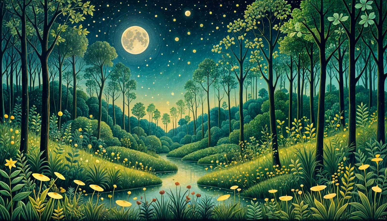 Magical night scene with forest and river