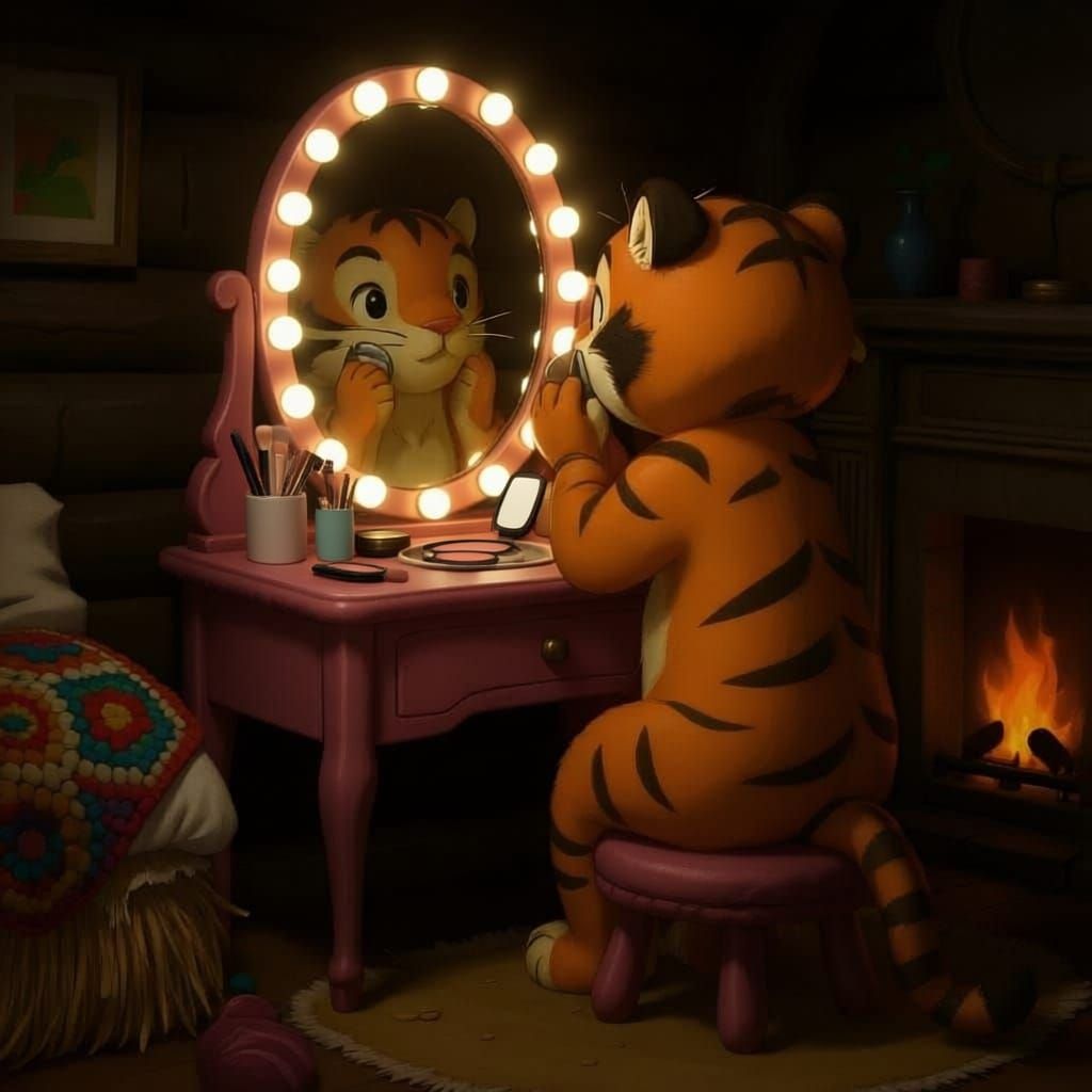 Young Tigress Primps at Vanity in Cozy Lair