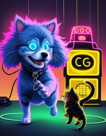 Cute Dog Presses Glowing Button in Neon Retro Synthwave Scen...