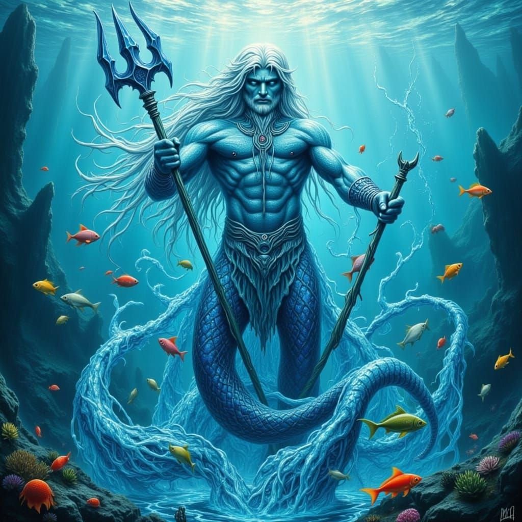 Poseidon Rises From Ocean With Ice Trident