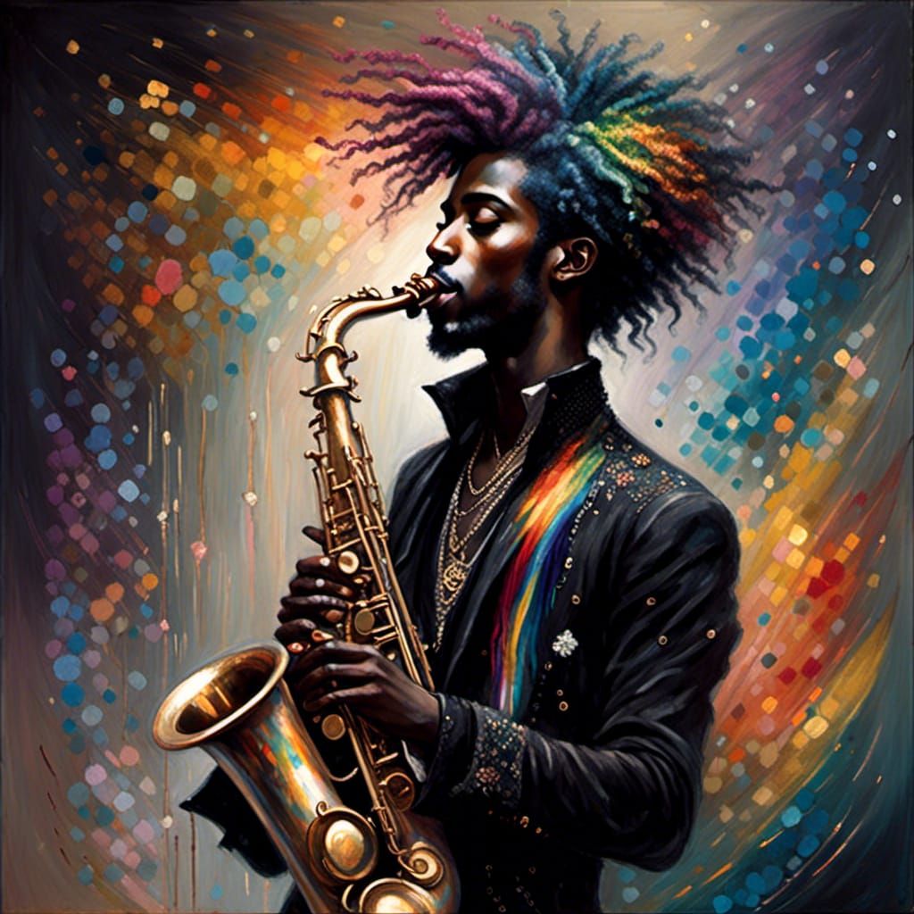 Rainbow Haired Punk Man Playing Saxophone