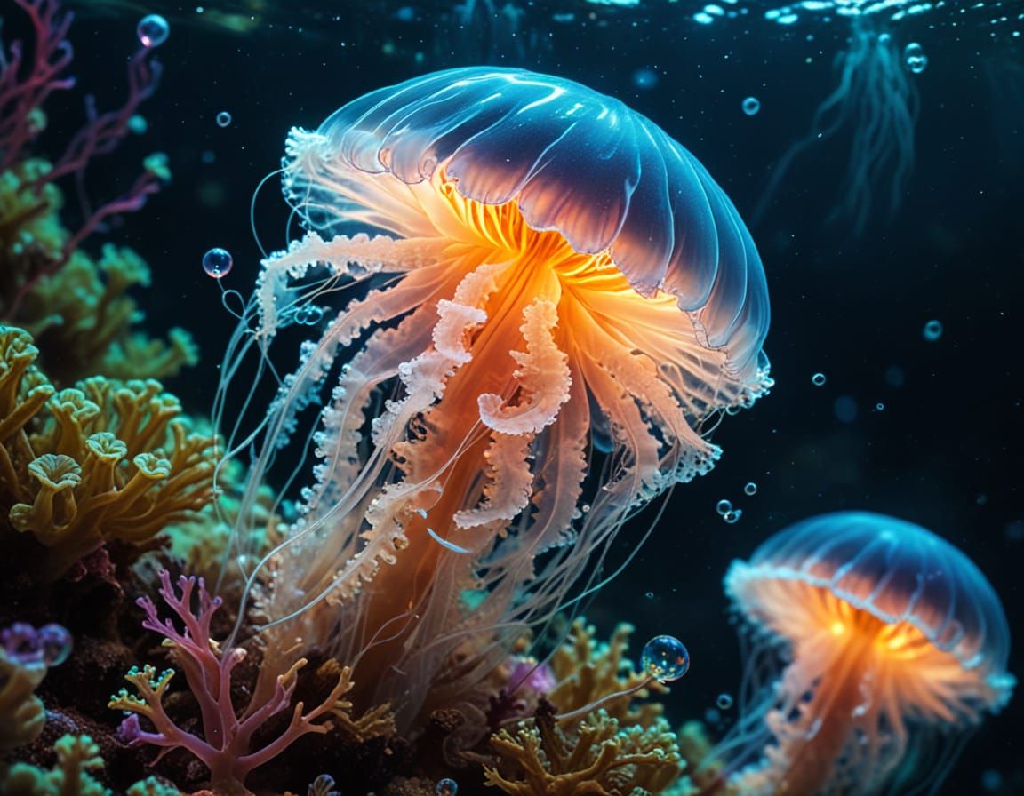 Glowing Coral-Jellyfish Underwater Micro Shot