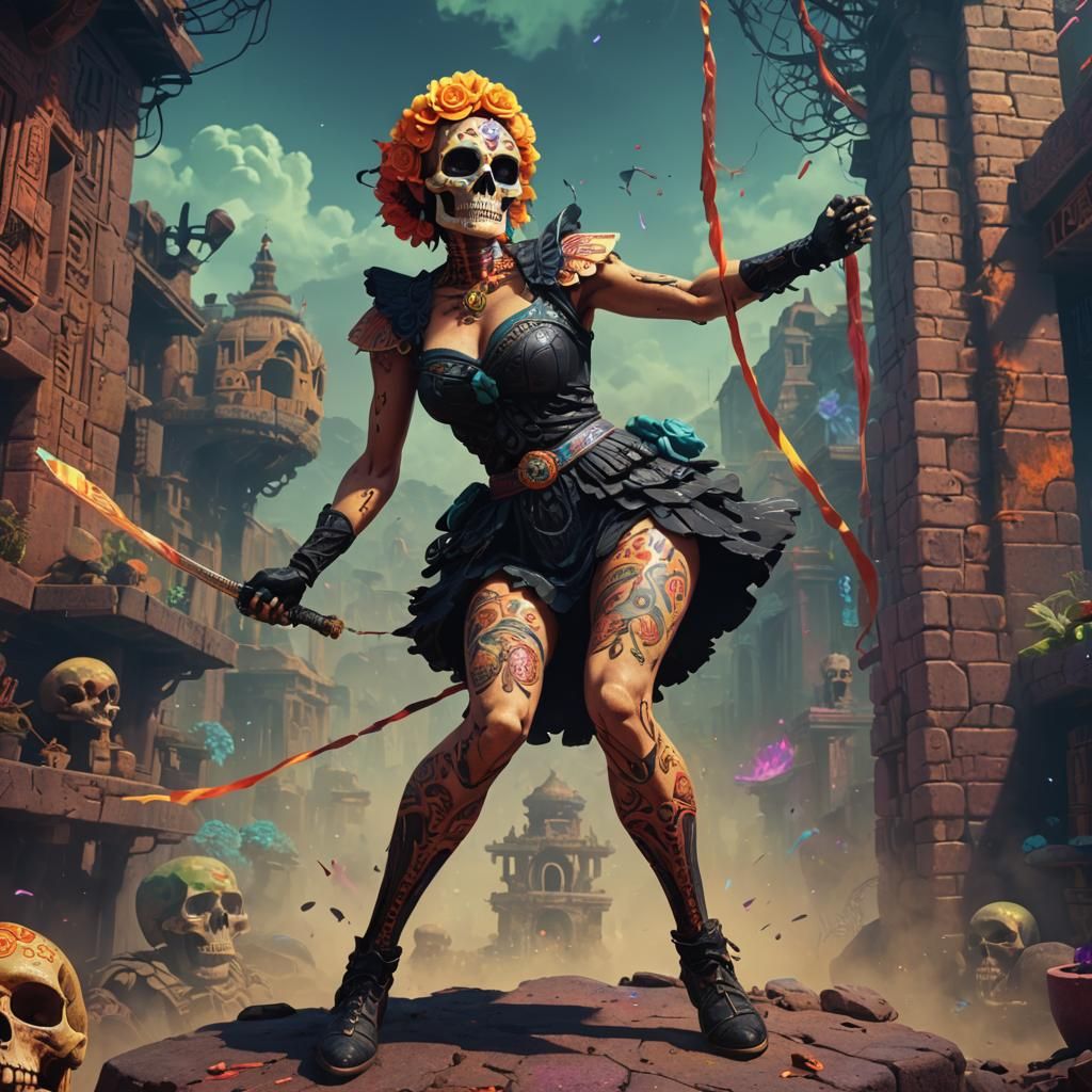 Fluorescent Mexican Skull in Blacklight, Detailed Matte Pain...