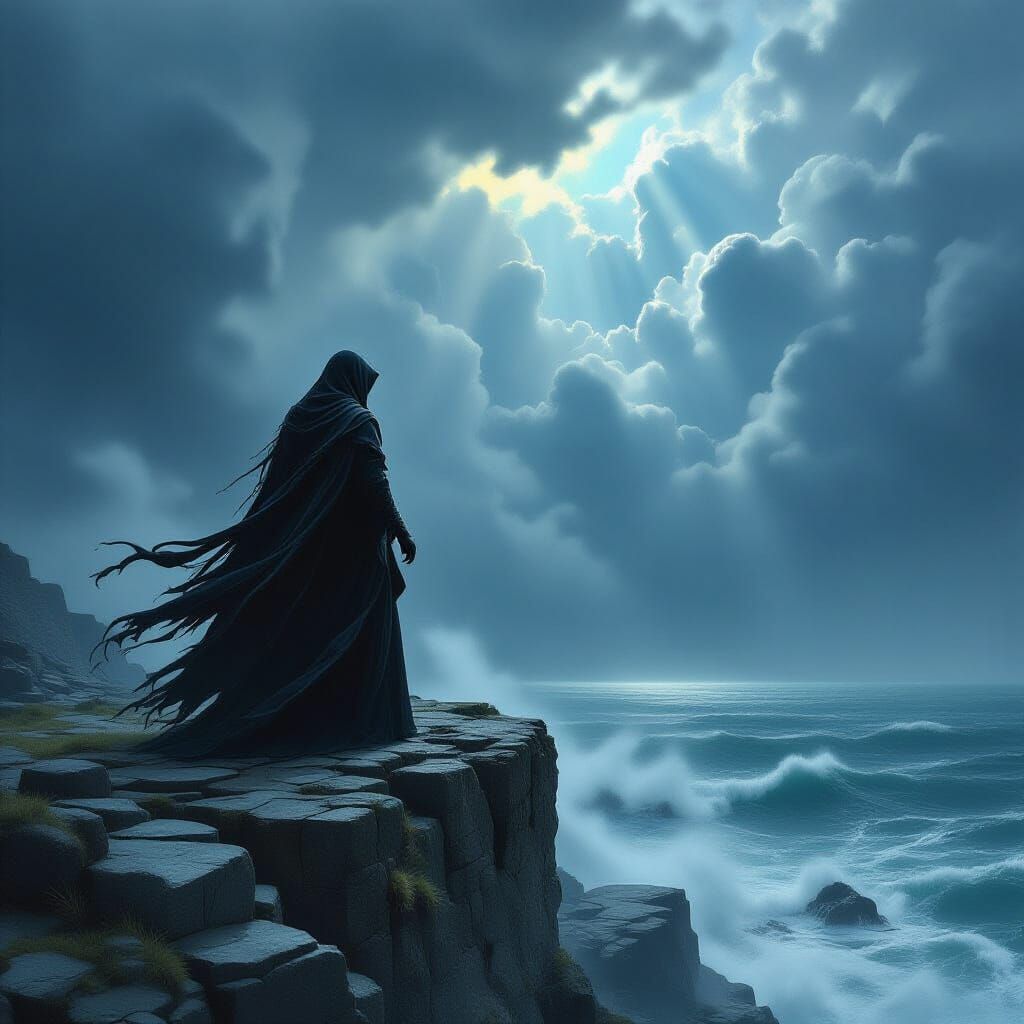 Witch on Stormy Cliff Overlooking Turbulent Sea