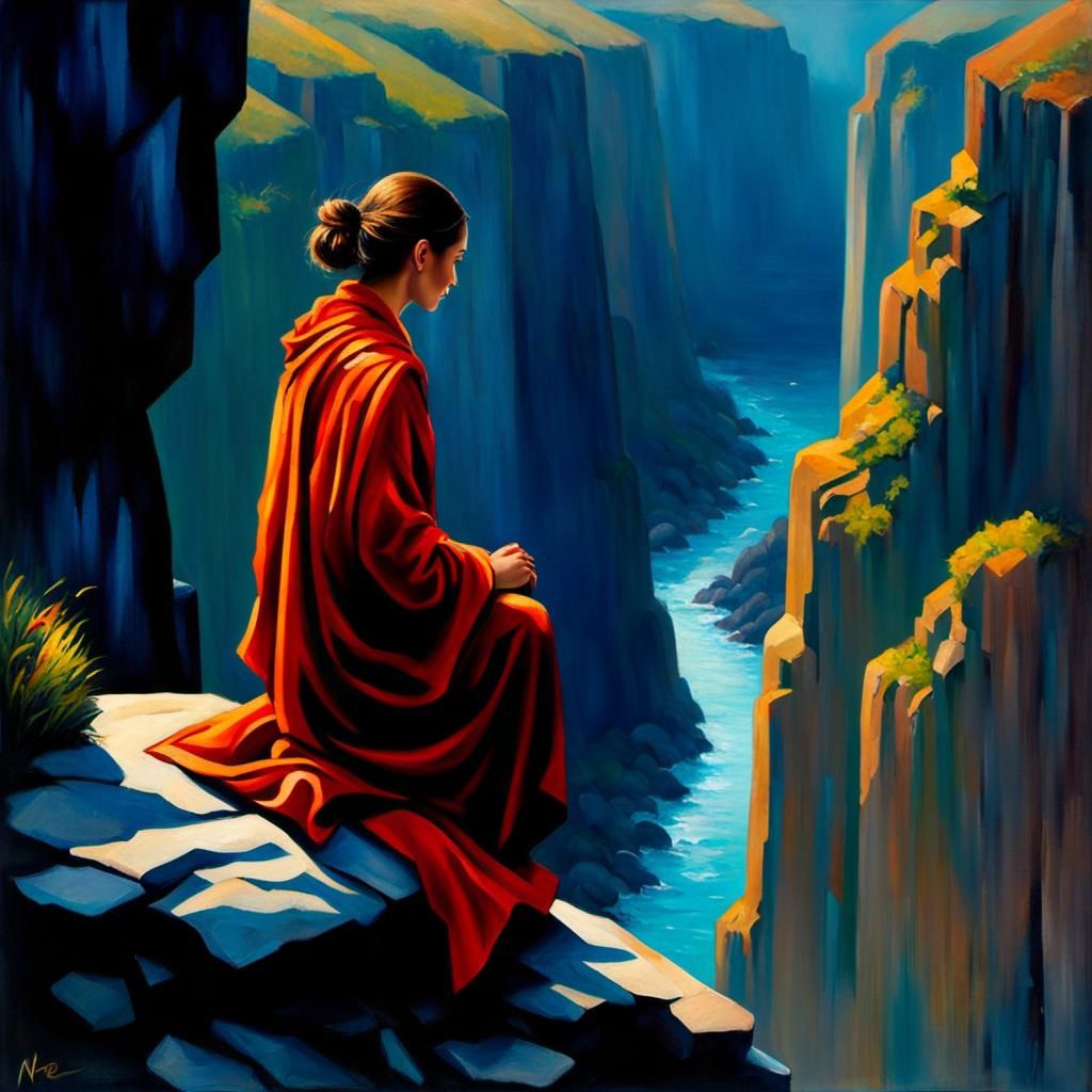 Fractured Landscape with Distant Figure, in Neo-Impressionis...