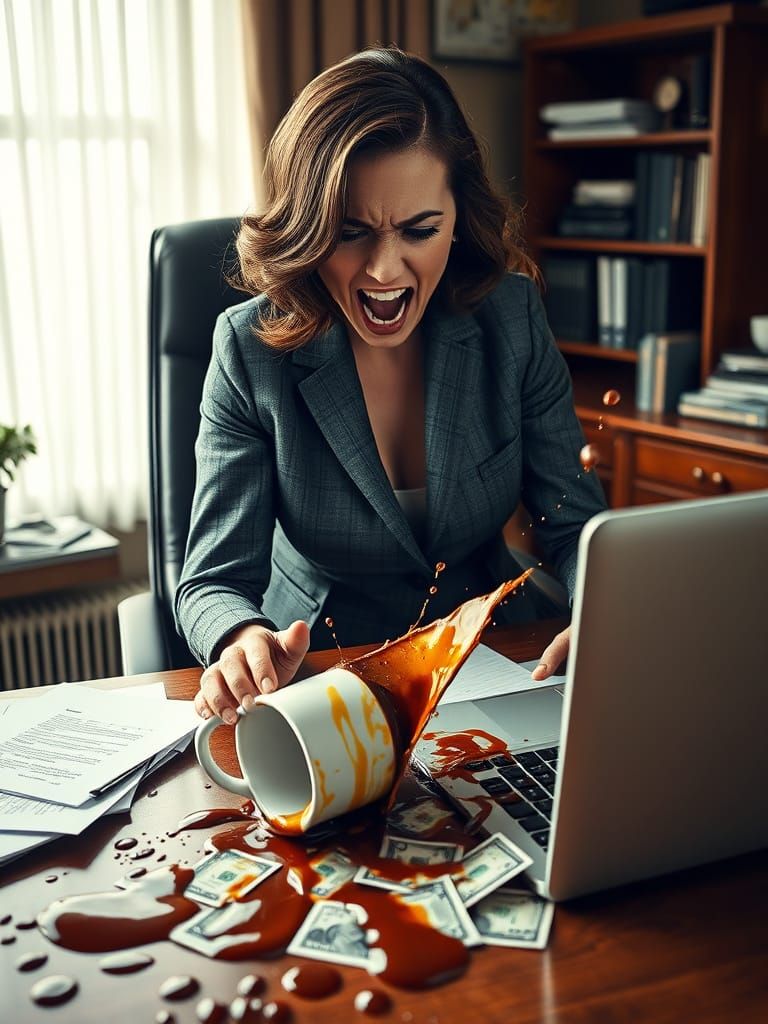 Frustrated Woman Screaming in Panic in Her Office
