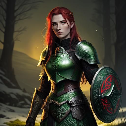 Stunning Celtic female knight entirely covered with traditional Celtic tattoos. Green eyes and shield. Red moon, fire, f...