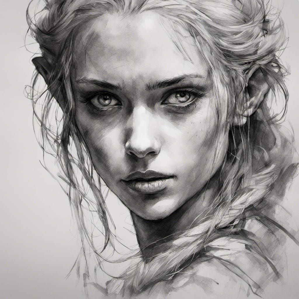 Elegant Elf Portrait in Detailed Ink Drawing