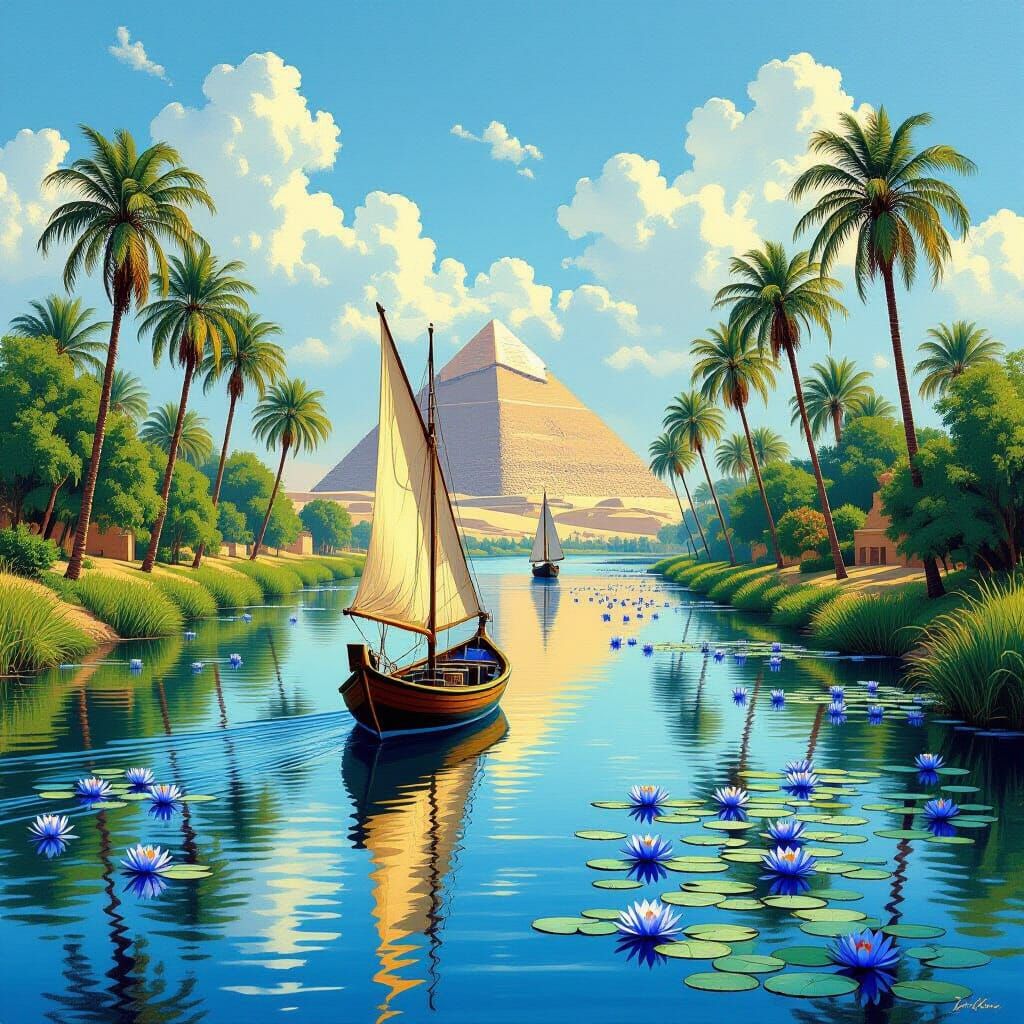 Egyptian Sailboat on Nile River with Pyramid