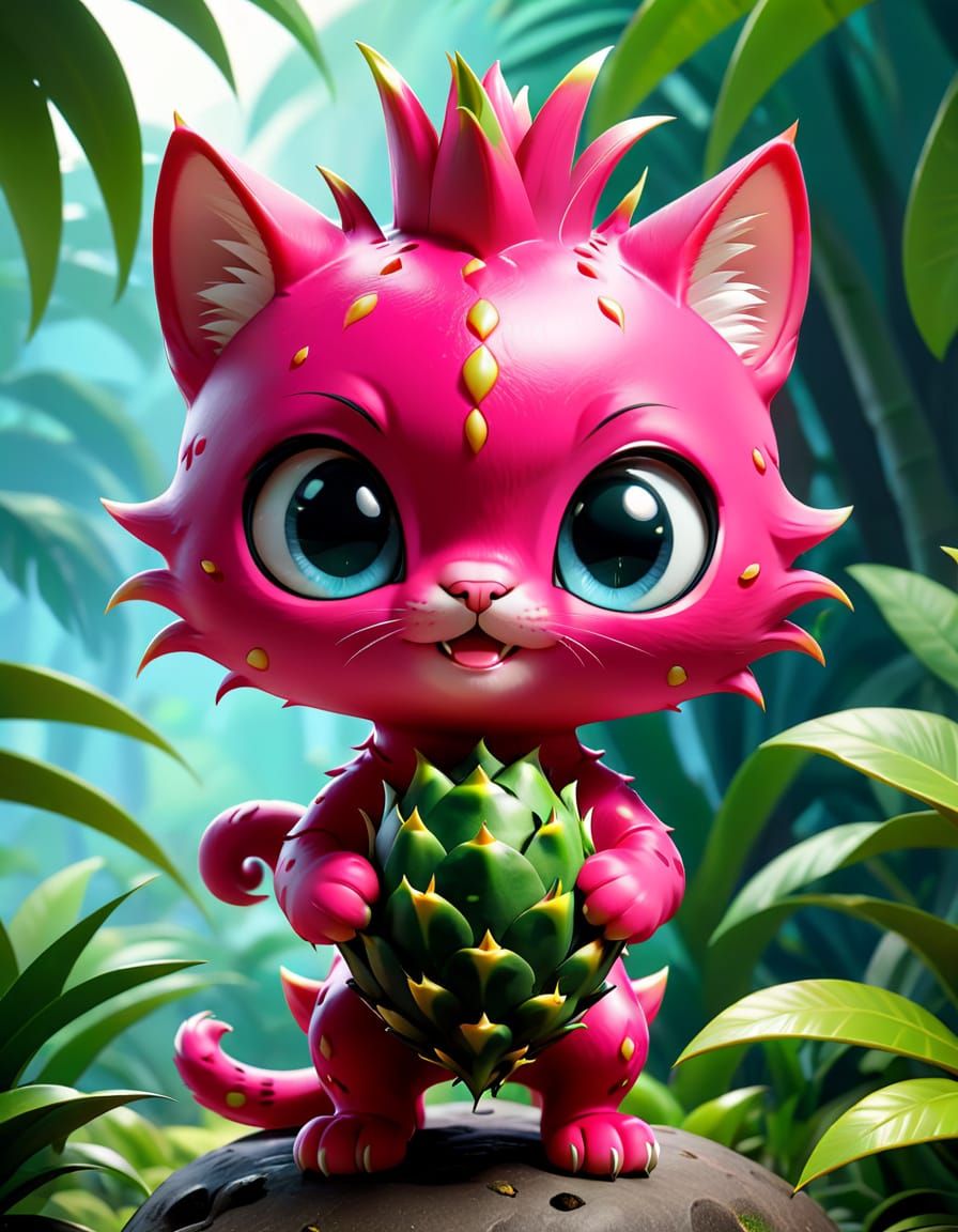 Chibi Tropical Dragoncat Character in a Happy Tropical Setti...